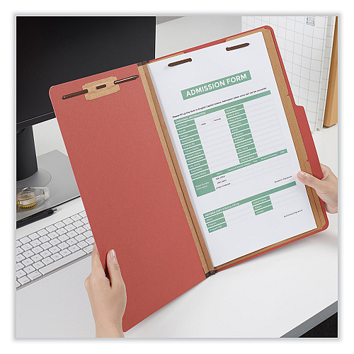 Universal Eight-Section Pressboard Classification Folders, 3" Expansion, 3 Dividers, 8 Fasteners, Legal Size, Red Exterior, 10/Box (UNV10295)