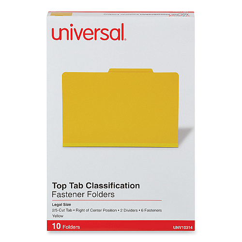 Universal Bright Colored Pressboard Classification Folders, 2" Expansion, 2 Dividers, 6 Fasteners, Legal Size, Yellow Exterior, 10/Box (UNV10314)