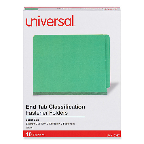Universal Deluxe Six-Section Pressboard End Tab Classification Folders, 2 Dividers, 6 Fasteners, Letter Size, Green, 10/Box (UNV10317)