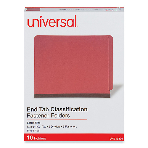 Universal Deluxe Six-Section Pressboard End Tab Classification Folders, 2 Dividers, 6 Fasteners, Letter Size, Bright Red, 10/Box (UNV10320)