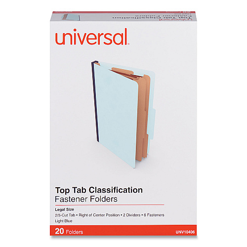 Universal Six-Section Classification Folders, Heavy-Duty Pressboard Cover, 2 Dividers, 6 Fasteners, Legal Size, Light Blue, 20/Box (UNV10406)