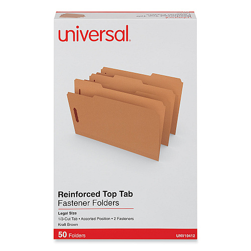Universal Reinforced Top Tab Fastener Folders, 0.75" Expansion, 2 Fasteners, Legal Size, Brown Kraft Exterior, 50/Box (UNV10412)