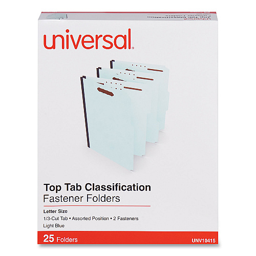 Universal Top Tab Classification Folders, 1" Expansion, 2 Fasteners, Letter Size, Light Blue Exterior, 25/Box (UNV10415)