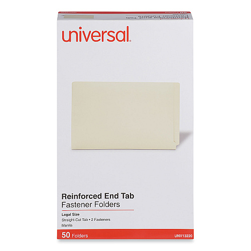 Universal Reinforced End Tab Fastener Folders, 0.75" Expansion, 2 Fasteners, Legal Size, Manila Exterior, 50/Box (UNV13220)
