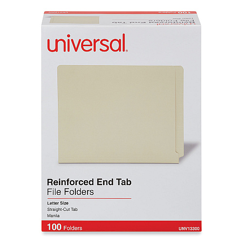 Universal Deluxe Reinforced End Tab Folders, 9" High Front, Straight Tabs, Letter Size, 0.75" Expansion, Manila, 100/Box (UNV13300)
