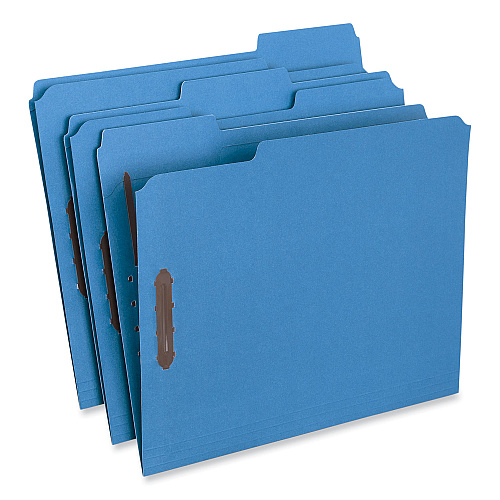 Universal Deluxe Reinforced Top Tab Fastener Folders, 0.75" Expansion, 2 Fasteners, Letter Size, Blue Exterior, 50/Box (UNV13521)