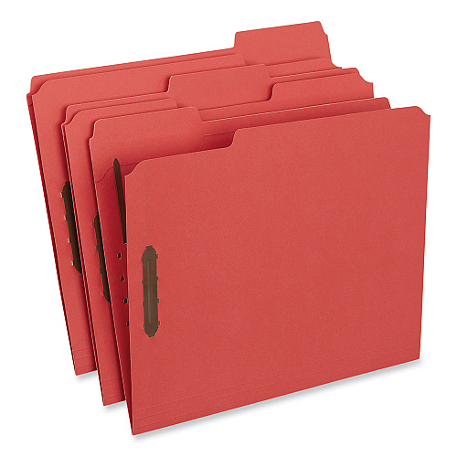 Universal Deluxe Reinforced Top Tab Fastener Folders, 0.75" Expansion, 2 Fasteners, Letter Size, Red Exterior, 50/Box (UNV13523)