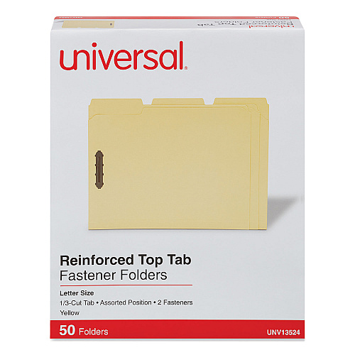 Universal Deluxe Reinforced Top Tab Fastener Folders, 0.75" Expansion, 2 Fasteners, Letter Size, Yellow Exterior, 50/Box (UNV13524)