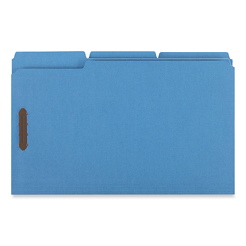 Universal Deluxe Reinforced Top Tab Fastener Folders, 0.75" Expansion, 2 Fasteners, Legal Size, Blue Exterior, 50/Box (UNV13525)