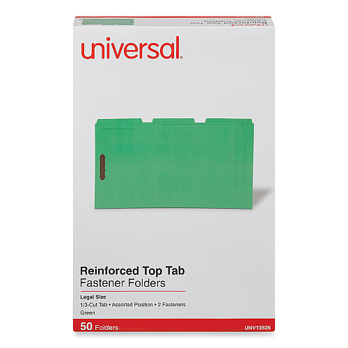 Universal Deluxe Reinforced Top Tab Fastener Folders, 0.75" Expansion, 2 Fasteners, Legal Size, Green Exterior, 50/Box (UNV13526)