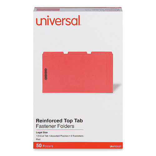 Universal Deluxe Reinforced Top Tab Fastener Folders, 0.75" Expansion, 2 Fasteners, Legal Size, Red Exterior, 50/Box (UNV13527)