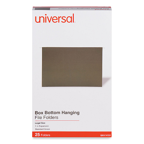 Universal Box Bottom Hanging File Folders, 1" Capacity, Legal Size, 1/5-Cut Tabs, Standard Green, 25/Box (UNV14151)