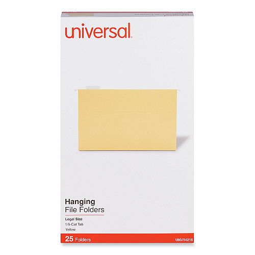 Universal Deluxe Bright Color Hanging File Folders, Legal Size, 1/5-Cut Tabs, Yellow, 25/Box (UNV14219)