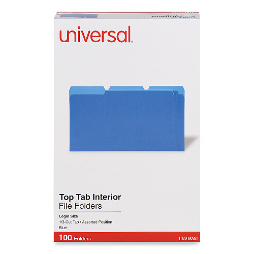 Universal Interior File Folders, 1/3-Cut Tabs: Assorted, Legal Size, 11-pt Stock, Blue, 100/Box (UNV15301)