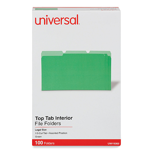 Universal Interior File Folders, 1/3-Cut Tabs: Assorted, Legal Size, 11-pt Stock, Green, 100/Box (UNV15302)