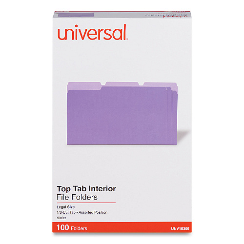 Universal Interior File Folders, 1/3-Cut Tabs: Assorted, Legal Size, 11-pt Stock, Violet, 100/Box (UNV15305)
