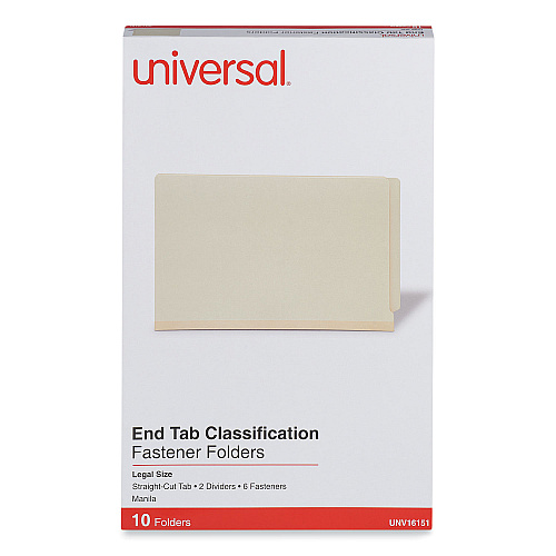 Universal Six-Section Manila End Tab Classification Folders, 2" Expansion, 2 Dividers, 6 Fasteners, Legal Size, Manila Exterior, 10/Box (UNV16151)