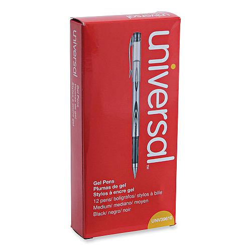Universal Gel Pen, Stick, Medium 0.7 mm, Black Ink, Silver/Black Barrel, Dozen (UNV39620)