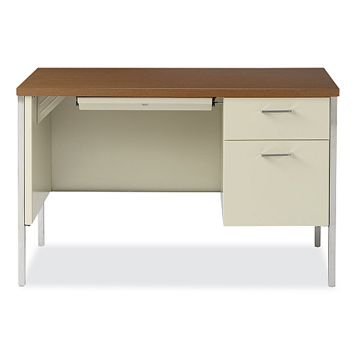 Alera Single Pedestal Steel Desk, 45.25" x 24" x 29.5", Cherry/Putty, Chrome-Plated Legs (ALESD4524PC)