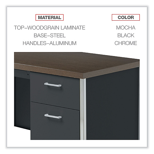 Alera Single Pedestal Steel Desk, 45.25" x 24" x 29.5", Mocha/Black, Chrome Legs (ALESD4524BM)
