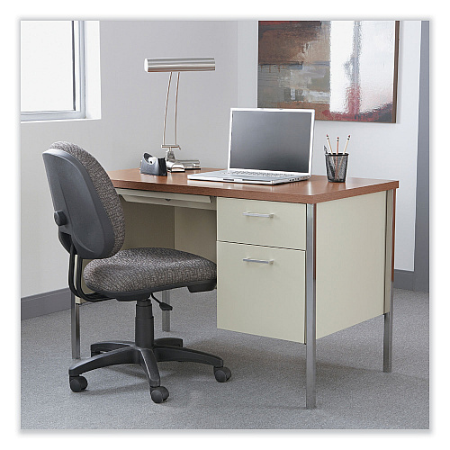 Alera Single Pedestal Steel Desk, 45.25" x 24" x 29.5", Cherry/Putty, Chrome-Plated Legs (ALESD4524PC)