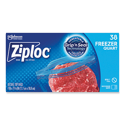 Ziploc Zipper Freezer Bags, 32 oz, 6.97" x 7.7", Clear, 38 Bags/Box, 9 Boxes/Carton (314444)