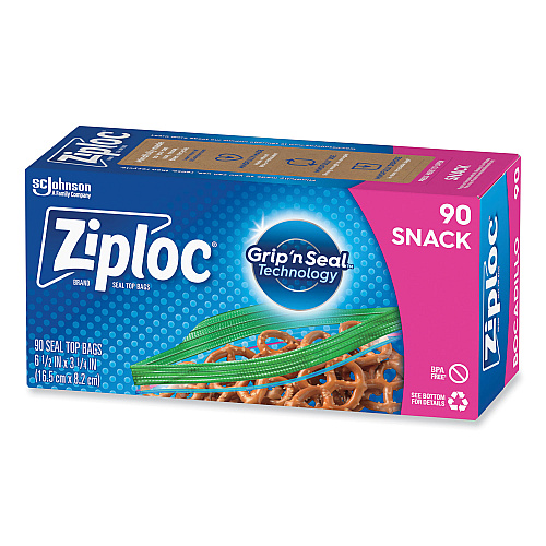 Ziploc Seal Top Snack Bags, Snack, 6.5" x 3.25", Clear, 90 Bags/Box, 12 Boxes/Carton (383215)