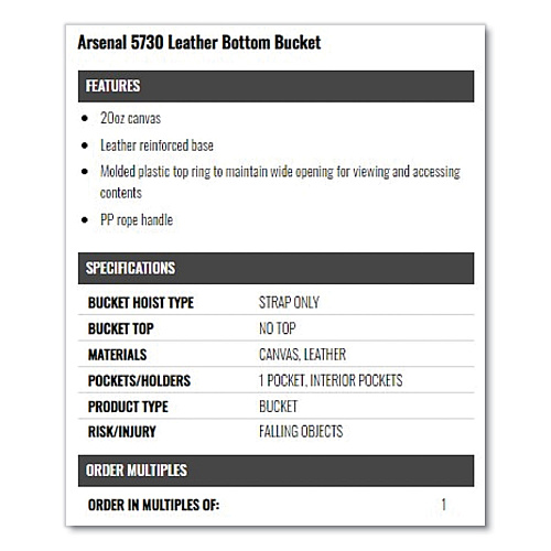 ergodyne Arsenal 5730 Leather Bottom Canvas Hoist Bucket, 150 lb, White (14430)