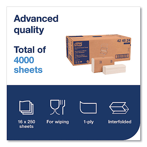 Tork&reg; Advanced Multifold Paper Towels, 1-Ply, White, 4000 Towels (424824)