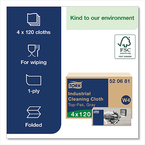Tork Industrial Cleaning Cloths, 1-Ply, 16.34 x 14, Gray, 120 Wipes/Pack, 4 Packs/Carton (520681)