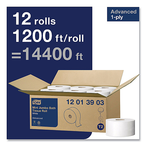 Tork&reg; Advanced Mini Jumbo Toilet Paper, 1-Ply, 1200-ft., 12 Rolls (12013903)