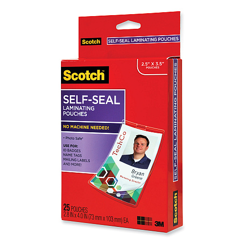 Scotch Self-Sealing Laminating Pouches, 12.5 mil, 2.31" x 4.06", Gloss Clear, 25/Pack (LS852G)