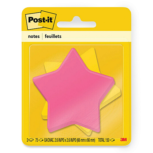 Post-it Die-Cut Star Shaped Notepads, 2.6" x 2.6", Assorted Colors, 75 Sheets/Pad, 2 Pads/Pack (70005114114)