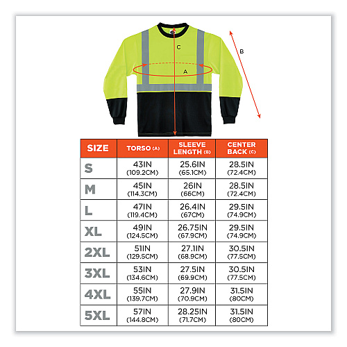 ergodyne GloWear 8291BK Type R Class 2 Black Front Long Sleeve T-Shirt, Polyester, Large, Lime (22704)