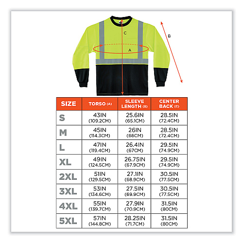 ergodyne GloWear 8291BK Type R Class 2 Black Front Long Sleeve T-Shirt, Polyester, X-Large, Lime (22705)