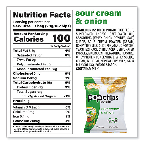popchips Potato Chips, Variety Pack, Barbeque, Sea Salt, Sour Cream and Onion, 0.8 oz Bag, 30/Pack (22001998)