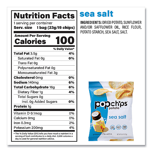 popchips Potato Chips, Variety Pack, Barbeque, Sea Salt, Sour Cream and Onion, 0.8 oz Bag, 30/Pack (22001998)