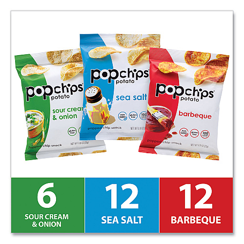 popchips Potato Chips, Variety Pack, Barbeque, Sea Salt, Sour Cream and Onion, 0.8 oz Bag, 30/Pack (22001998)