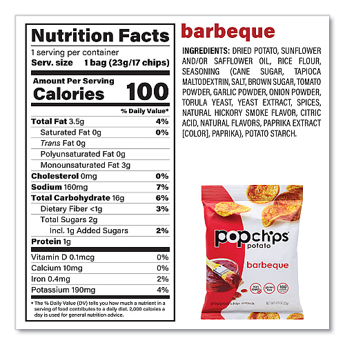 popchips Potato Chips, Variety Pack, Barbeque, Sea Salt, Sour Cream and Onion, 0.8 oz Bag, 30/Pack (22001998)