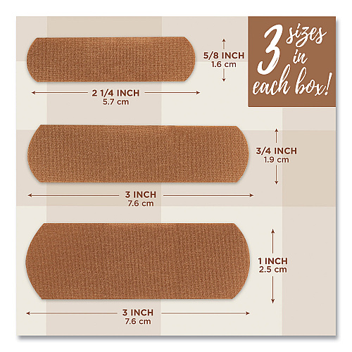 BAND-AID OurTone Adhesive Bandages, BR45, 2.25 x 0.63; 3 x 0.75; 3 x 1, Light Brown, 30/Pack (119585)