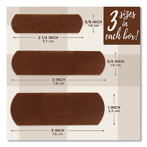 BAND-AID OurTone Adhesive Bandages, BR55, 2.25 x 0.63; 3 x 0.75; 3 x 1, Medium Brown, 30/Pack (119586)
