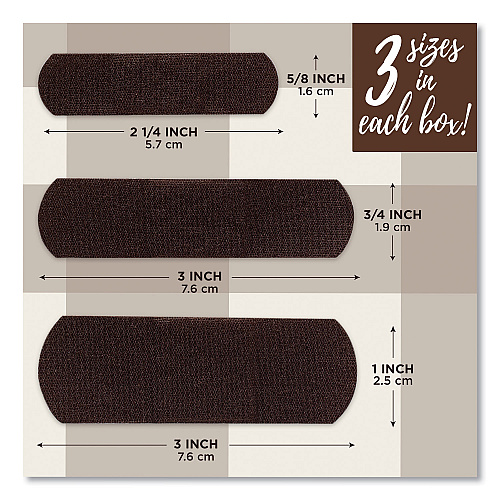 BAND-AID OurTone Adhesive Bandages, BR65, 2.25 x 0.63; 3 x 0.75; 3 x 1, Deep Brown, 30/Pack (119587)