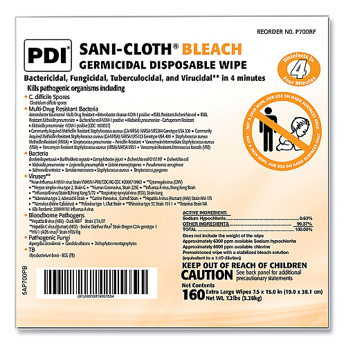 Sani-Cloth Bleach Germicidal Disposable Wipe Refill, 1-Ply, 7.5 x 15, Unscented, White, 160/Bag, 2 Bags/Carton (P700RF)