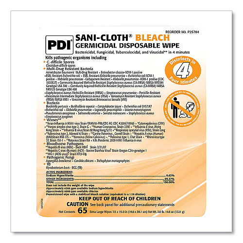 Sani-Cloth Bleach Germicidal Disposable Wipes, 1-Ply, 7.5 x 15, Unscented, White, 65/Pack (P25784)