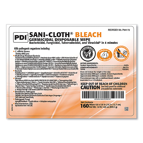 Sani-Cloth Bleach Germicidal Disposable Wipes, 1-Ply, 6 x 5, Unscented, White, 160/Canister, 12 Canisters/Carton (P84172)
