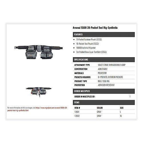ergodyne Arsenal 5500 28-Pocket Synthetic Tool Rig, Fits Waist 40" to 54", Polyester, Gray (13602)