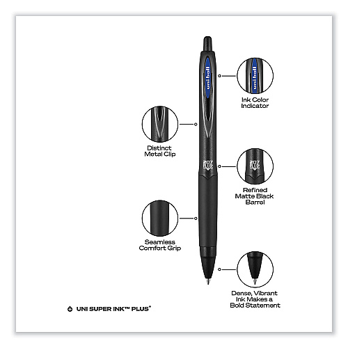 uni-ball 207 Plus+ Gel Pen, Retractable, Medium 0.7 mm, Blue Ink, Black Barrel, 4/Pack (70457)