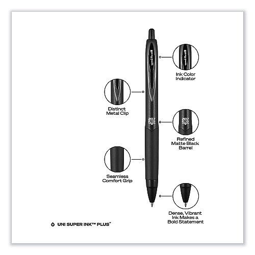 uni-ball 207 Plus+ Gel Pen, Retractable, Medium 0.7 mm, Black Ink, Black Barrel, 4/Pack (70460)