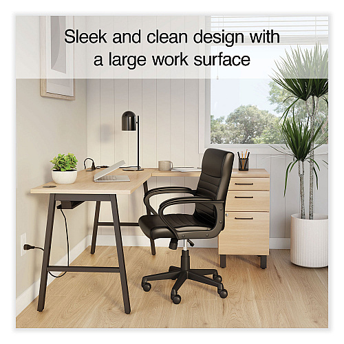 Union & Scale Essentials Single-Pedestal L-Shaped Desk with Integrated Power Management, 59.8" x 59.8 x 29.7", Natural Wood/Black (60420CC)