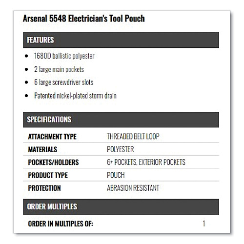 ergodyne Arsenal 5548 Electrician's Synthetic Pouch, 3.5 x 9.5 x 12.5, Polyester, Gray (13648)